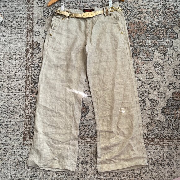 Vintage Womens Wide Leg Pants Beige Size 42 Triple=A Gold Belt Boho Lagenlook - Picture 1 of 16